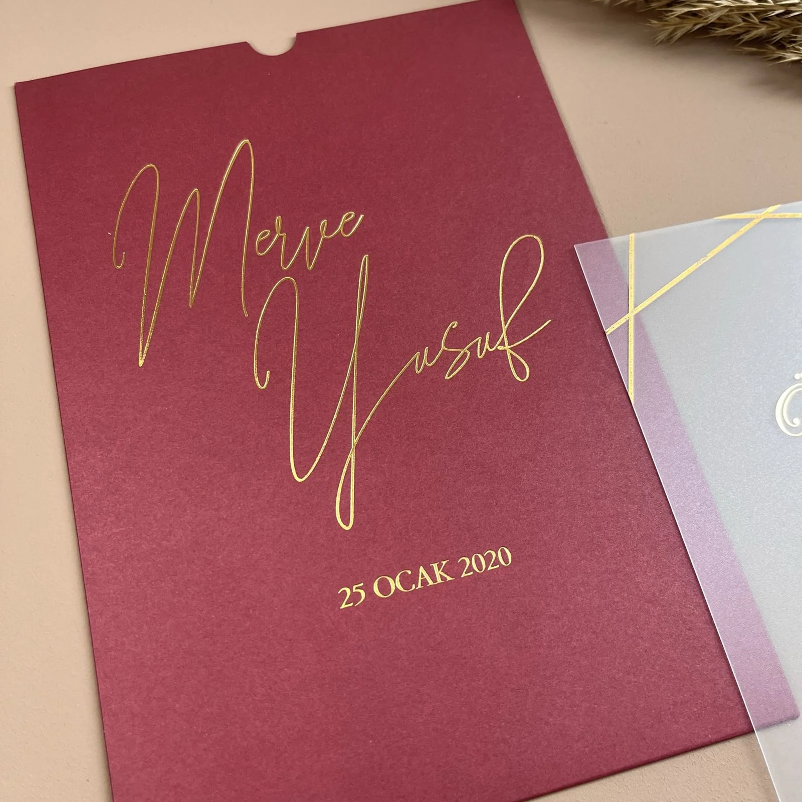 buzlu şeffaf bordo zarflı davetiye (2)