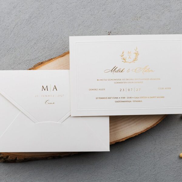 Sade Altın Varaklı Düğün Davetiyesi