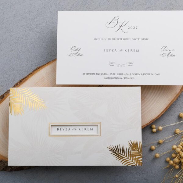 Altın Yaldız Palmiye Yapraklı Pencereli Zarf Davetiye