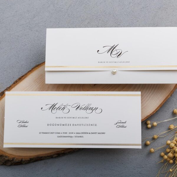 İnci Detaylı ve Altın Yaldızlı Düğün Davetiyesi