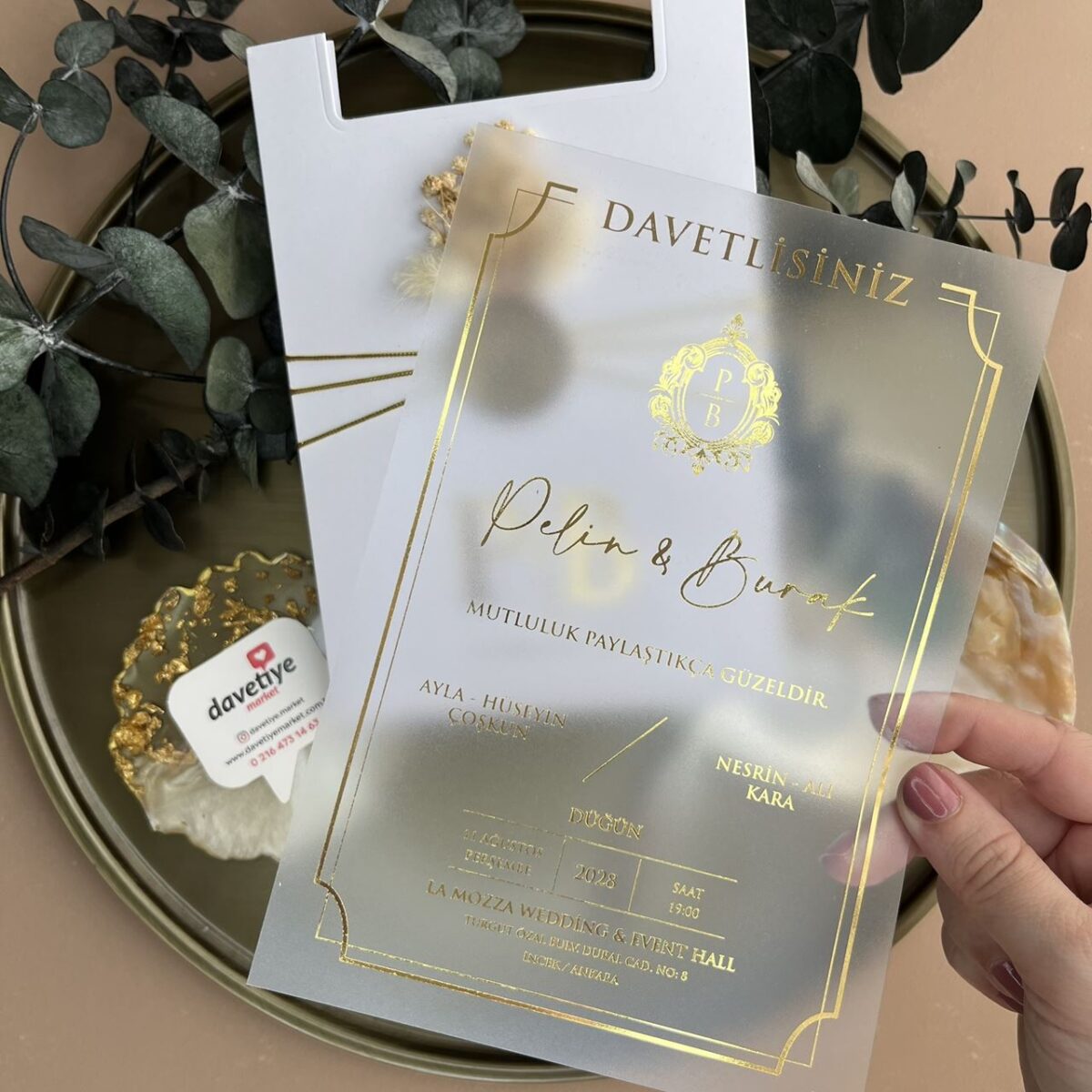 Gold Mühürlü ve Kuru Çiçekli Davetiye - Görsel 2